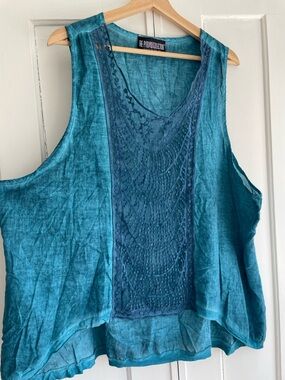 The Pyramid Collection Sheer Teal Blue Embroidered Lacy Tank Top Shirt L/XL